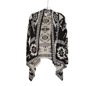Oh Mg! Womens Small Black & White Southwestern Open Front Cardigan Sweater 100%